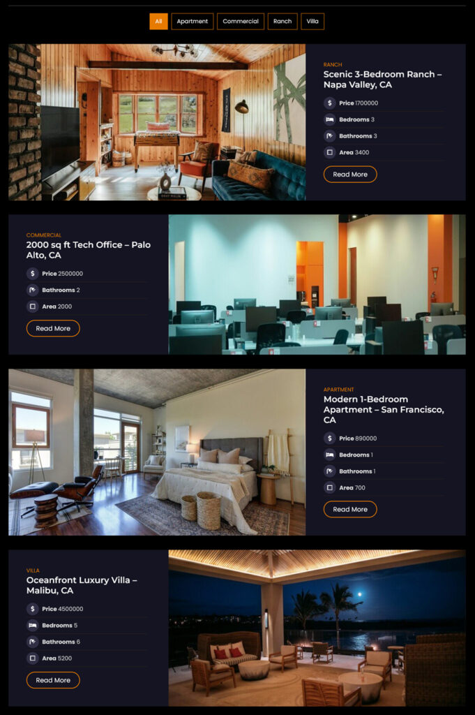 Flexi Post Grid preset style with category filters showing real estate listings using Elementor post grid widget free