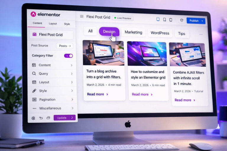 Elementor editor with responsive blog post grid layout